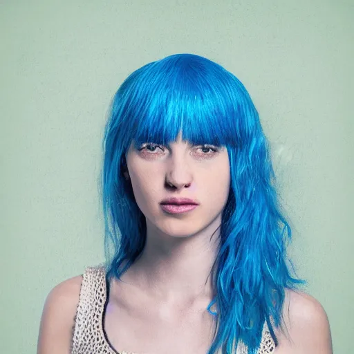 Image similar to A woman with blue hair wearing a crocheted crop-top, photorealistic portrait