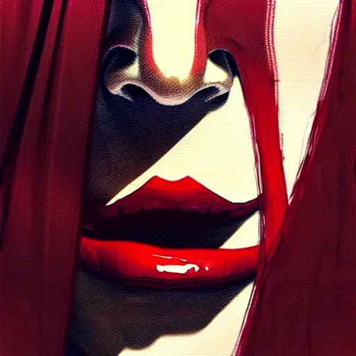 Image similar to lips sewn shut surrounded by red curtains by Conrad Roset and Nicola Samuri, close-up shot, rule of thirds, seductive look, beautiful, intricate, dystopian, sci-fi, extremely detailed, digital painting, artstation, concept art, smooth, sharp focus, illustration, intimidating lighting, incredible art, details visible, very dark ambiance