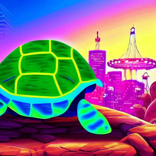 Prompt: “ a cartoon turtle, Pixar style, 4K UHD image, neon city lights in the background, turtle is on a rock, Highly realistic”