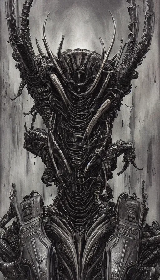 Prompt: Xenomorph themed painting of symmetrical torso black and grey inferno armor with extended evil armored hands concept, intricate artwork by H.R. Giger, Johnatan Wayshak, Zdizslaw Beksinski, Ayami Kojima, Amano, Karol Bak, Moebius, and Mark Brooks, Neo-Gothic, gothic, rich deep colors, art by Takato Yamamoto, masterpiece, face by Artgerm, very coherent artwork, cinematic, hyper realism, high detail, octane render, unreal engine, 8k, High contrast, golden ratio, trending on cgsociety