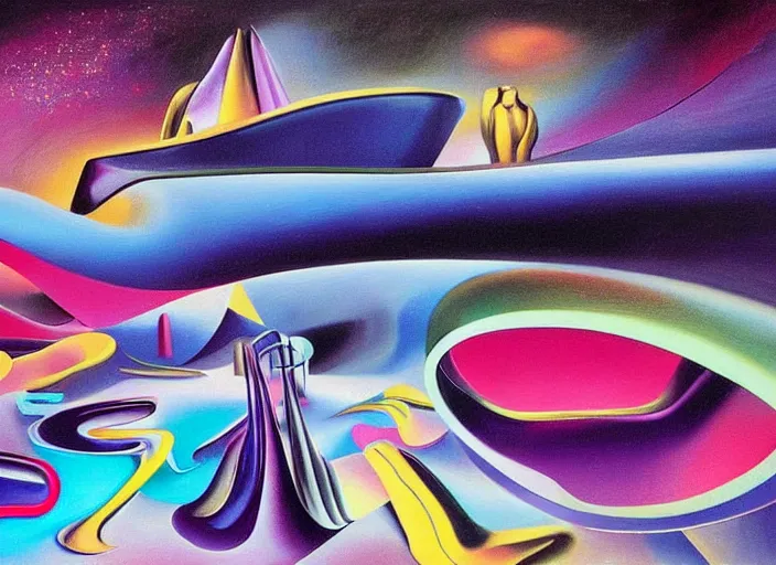 Prompt: an extremely high quality hd surrealism painting of a 3d galactic neon complimentary-colored cartoon surrealism melting optically illusiony high-contrast zaha hadid futuristic orchestra by kandsky and salvia dali the second, salvador dali's much much much much less talented painter cousin, clear shapes, 8k, realistic shading, ultra realistic, super realistic