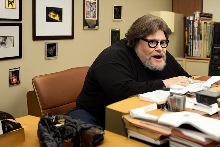 Prompt: monster guillermo del toro sat in an office