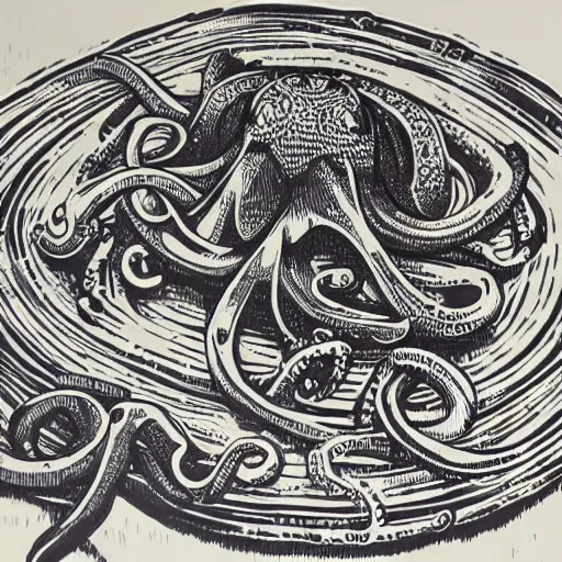 Image similar to a cross between a cat and an octopus, realistic, detailed, linocut