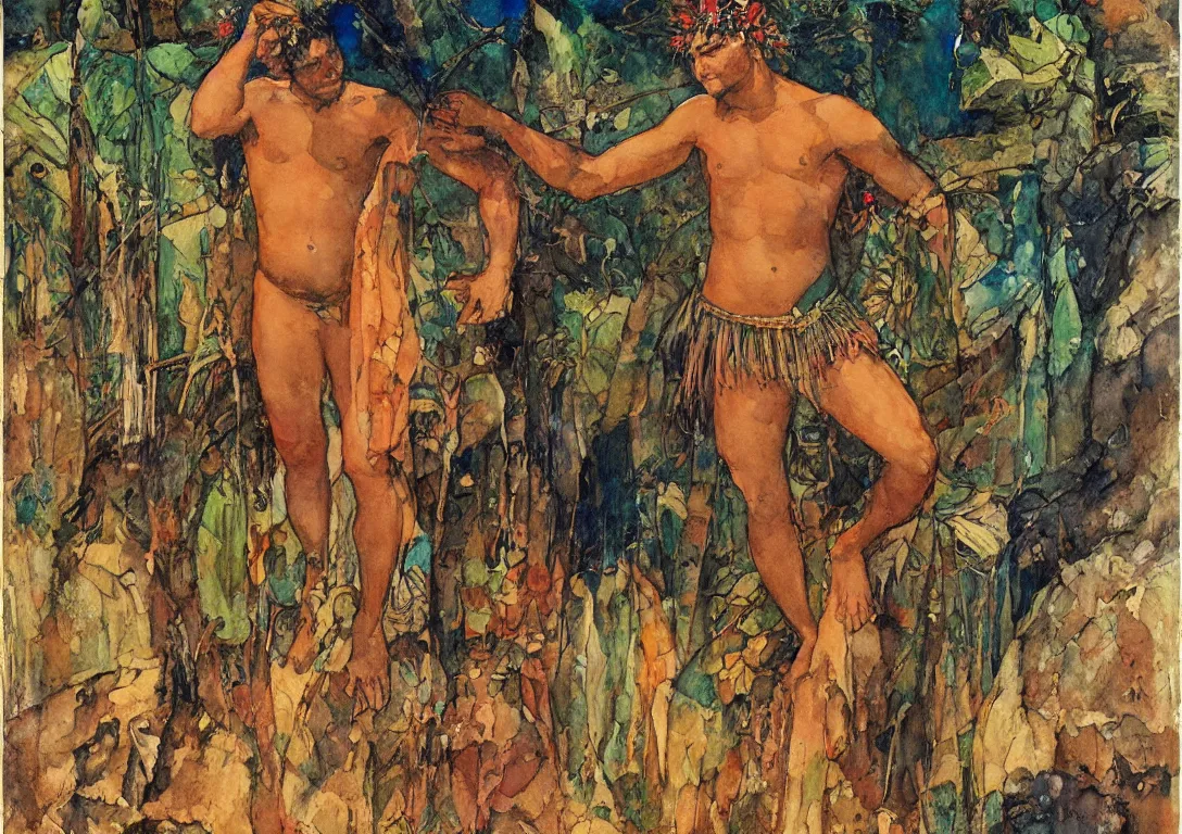 Image similar to watercolor of a polynesian greek god seeking their lover through the streets of an abandoned village, sparse detail, complementary color scheme, by george luks, mati klarwein and moebius