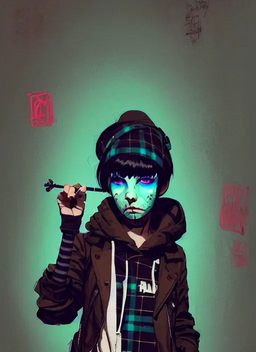 Image similar to highly detailed portrait of a sewer punk lady student, blue eyes, tartan hoody, black hair by atey ghailan, by greg rutkowski, by greg tocchini, by james gilleard, by joe fenton, by kaethe butcher, gradient green, black, brown and magenta color scheme, grunge aesthetic!!! ( ( graffiti tag wall background ) )