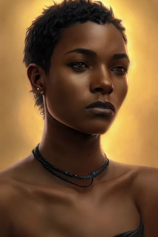 Image similar to photorealistic portrait of a young butch solarpunk black woman, handsome, female, masculine, upper body, fantasy, fierce, sharp features, intricate, elegant, highly detailed, digital painting, artstation, concept art, matte, sharp focus, illustration, art by artgerm and greg rutkowski and alphonse mucha