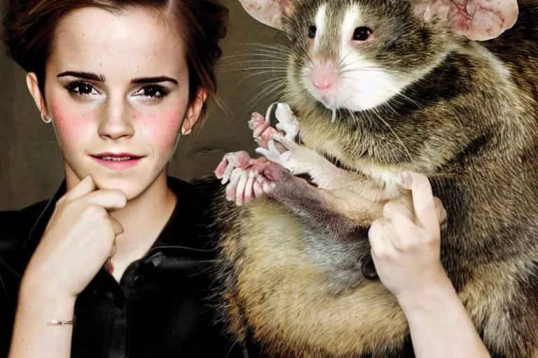 Image similar to photo, emma watson as anthropomorphic furry - rat, she is a real huge fat rat, cats! are around, eating cheese, highly detailed, intricate details