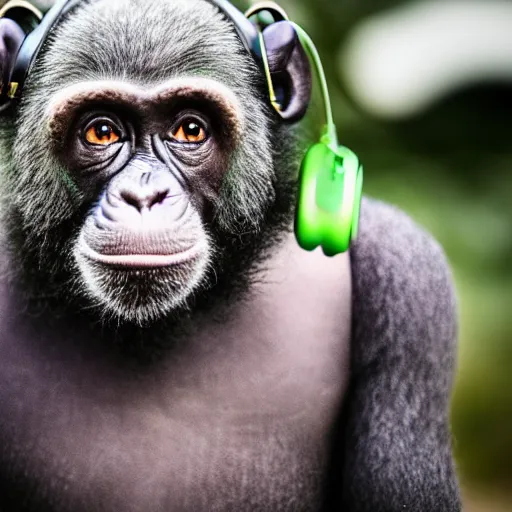 Image similar to a high quality photo of a green chimp wearing headphones, realism, 8k