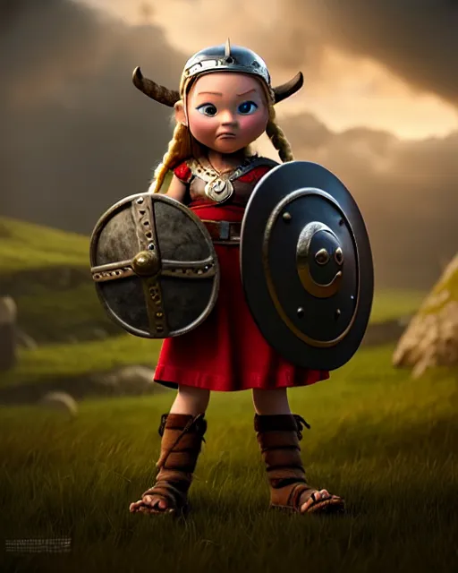 Image similar to an adorable toy of a viking girl with her shield raised to defend, pixar style, authentic viking armor, historically accurate, clean detail, symmetrical, octane render, studio lighting