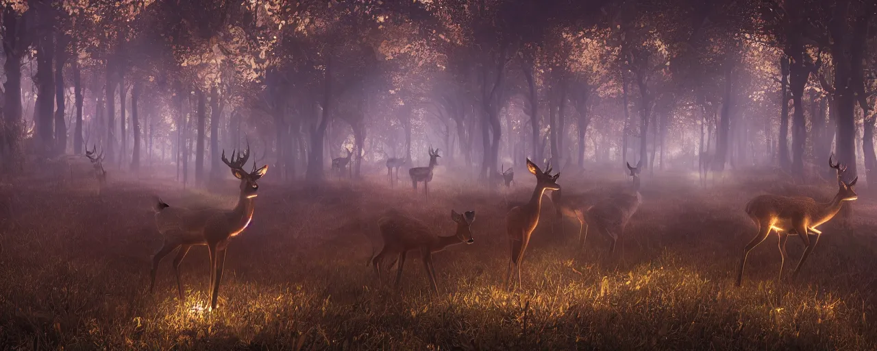 Image similar to deer in an ethereal forest made from glowing circuits and electronics, highly detailed concept art, 3 d, volumetric lighting