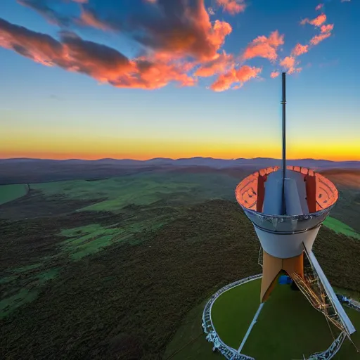 Prompt: Lovell telescope on the Cheshire plane at sunset, wide angle lens, high quality photograph, 4K