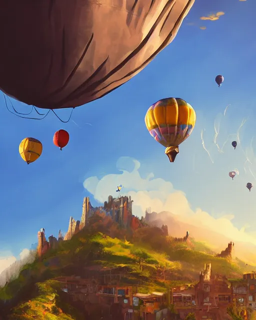 Prompt: flying cloud castle, buildings, baloons, bright, blue sky, mountains, colorful, cinematic lighting, fantasy, high detail, illustration, masterpiece, artstation, 4 k, art by wylie beckert