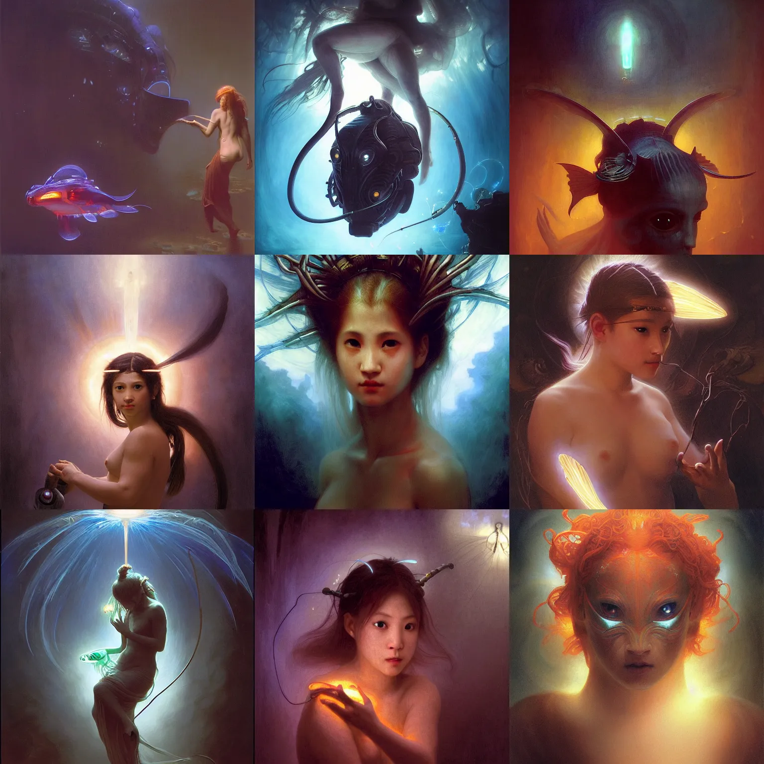 Prompt: awe-inspiring award-winning concept art painting of attractive asian nymph anglerfish in neon shrouds as the goddess of lasers, sparks, by Michael Whelan, William Adolphe Bouguereau, John Williams Waterhouse, and Donato Giancola, cyberpunk, extremely moody lighting, glowing light and shadow, atmospheric, shadowy, cinematic, 8K,