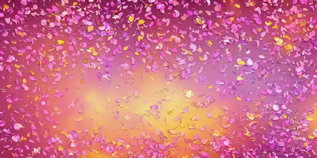 Image similar to background art of spaciously scattered flower petals flowing and floating through the blowing wind from left to right on a simple sunset background, large individual rose petals, angular background elements, polygonal fragments, anime, artgerm, manga, trending on artstation, art nouveau, mature color scheme