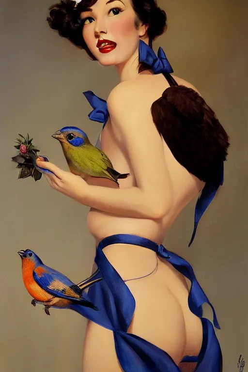 Image similar to hyper realistic painting, tasteful pinup girl holding an indigo bunting, bird, the bird is wearing a bowtie, by greg rutkowski, rossdraws, gil elvgren, enoch bolles, anime, porcelain skin, very coherent