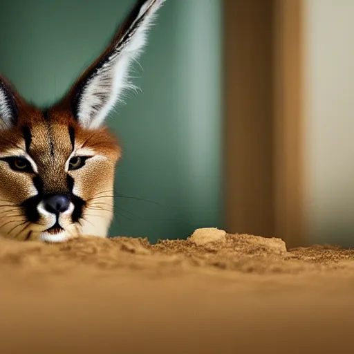 Image similar to a cinematic film still of a claymation stop motion film starring cute fluffy caracal, shallow depth of field, 8 0 mm, f 1. 8