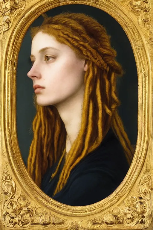 Prompt: Pre-Raphaelite portrait of a young, beautiful woman engineer with blond dreadlocks