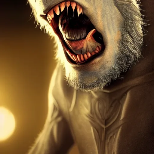 Prompt: cinematic shot epic portrait werewolf, hyper realistic, mood lighting, fantasy, detailed face, highly detailed, super realistic, perfect lighting