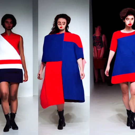 Image similar to brutalist fashion incorporating red white and blue, brutalist fashion show, studio lighting