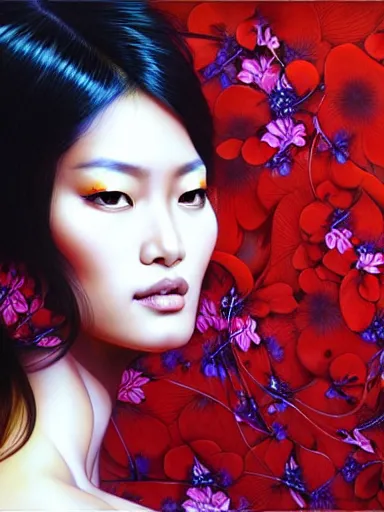 Image similar to a portrait of asian supermodel with a floral background by karol bak, artgerm, moebius, yoji shinkawa : : portrait, illustration, photorealism, hyperrealism, graffiti