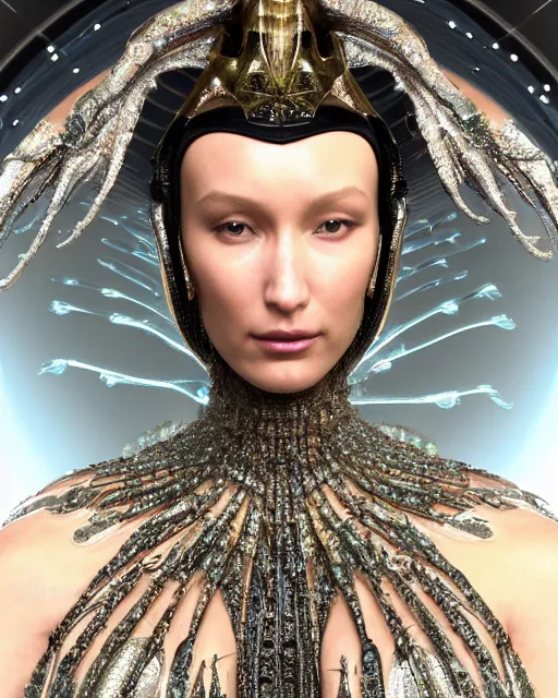 Image similar to a highly detailed metahuman 4 k close up render of an alien goddess bella hadid as alien in iris van herpen dress schiaparelli in diamonds crystals swarovski and jewelry iridescent in style of alphonse mucha gustav klimt trending on artstation made in unreal engine 4