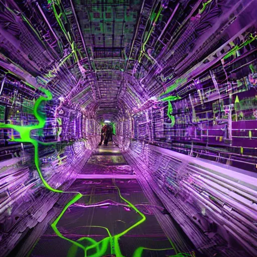 Prompt: interdimensional beings crawling out from the Large Hadron Collider at cern with a purplish fog 4k extremely high level of detail