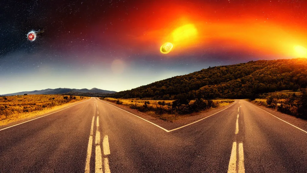 Prompt: open country Road, mountains, sunset, stars, small planet in the sky, realistic, cinematic, 8k