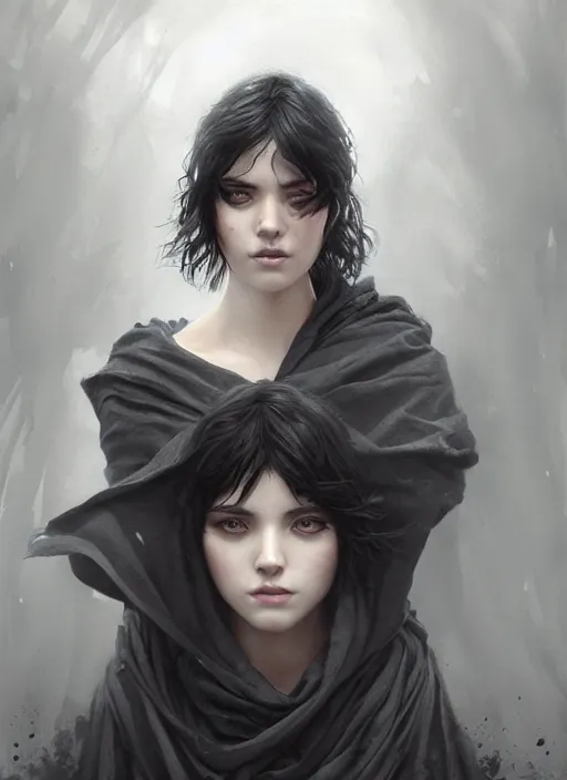 Image similar to a teenage girl with very short black hair and a huge cloak made of grey and black strips. mist swirls around her. beautiful highly detailed face. beautiful painting by artgerm and greg rutkowski and raymond swanland