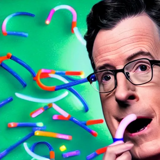 Prompt: stephen colbert at a rave, with a pacifier and glow sticks