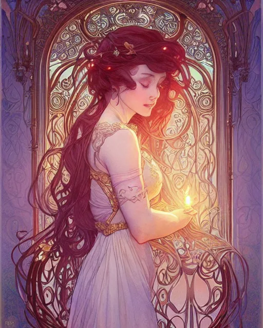 Image similar to secret romance, highly detailed, very intricate, art nouveau, gold filigree, romantic storybook fantasy, soft cinematic lighting, award - winning, disney concept art watercolor illustration by mandy jurgens and alphonse mucha and alena aenami, pastel color palette, featured on artstation