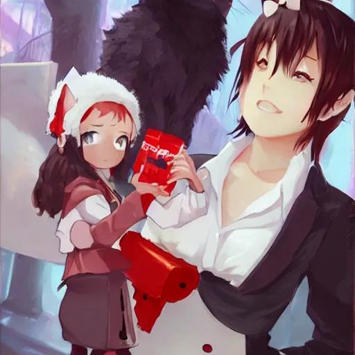 Prompt: anime woman with fluffy cat ears holding a bag of sugar, a little boy wearing white shirt and red tie, digital artwork, in the style of krenz cushart y eddie mendoza and tyler edlin