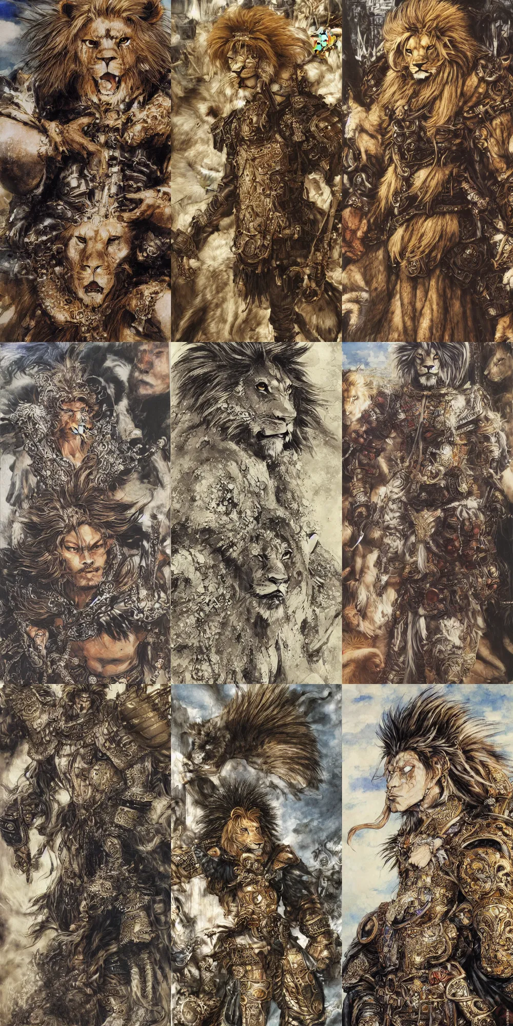 Image similar to 8 k yoshitaka amano painting of upper body of a young cool looking lion beastman with white mane at a medieval market at windy day. depth of field. he is wearing complex fantasy clothing. he has huge paws. renaissance style lighting.