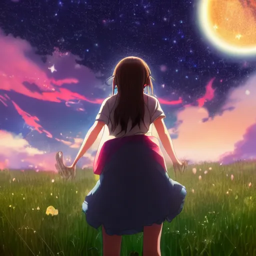 Prompt: Anime key visual of a brunette girl standing on a meadow looking up to the sky full of colorful stars and galaxies and a glowing comet, trending on artstation, kimi no na wa