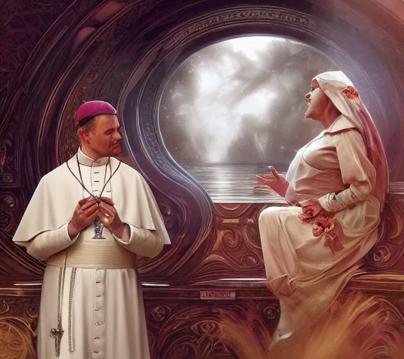 Image similar to photography of a pope kissing the breast of a sensual woman, deep focus, intricate, elegant, highly detailed, digital painting, artstation, concept art, matte, sharp focus, illustration, art by artgerm and greg rutkowski and alphonse mucha