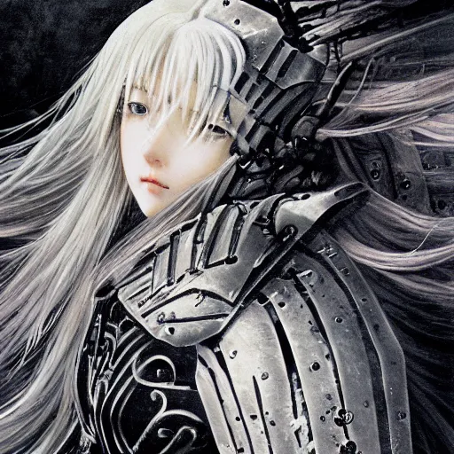 Image similar to Yoshitaka Amano realistic illustration of an anime girl with wavy white hair and cracks on her face wearing Elden ring armour with the cape fluttering in the wind, abstract black and white patterns on the background, noisy film grain effect, highly detailed, Renaissance oil painting, weird portrait angle