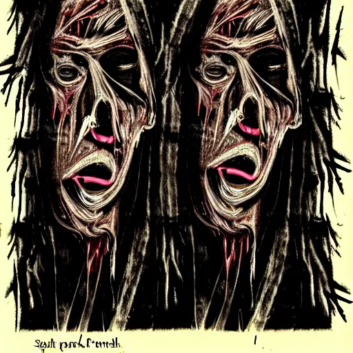 Image similar to multiple faces shredded like paper news screaming, dark horror, surreal, drawing, painting,