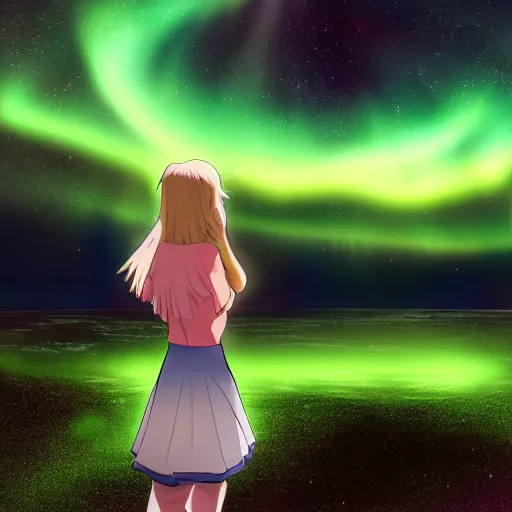 Image similar to anime girl standing on the aurora borealis that is trapped in the ice within the artic, starry sky