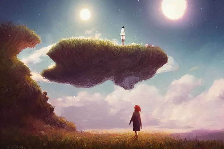 Image similar to giant white daisy flower under the head, girl walking on cliff, surreal photography, solar eclipse, milky way, dramatic light, impressionist painting, clouds, digital painting, artstation, james gilleard, liam wong, jeremy mann, simon stalenhag