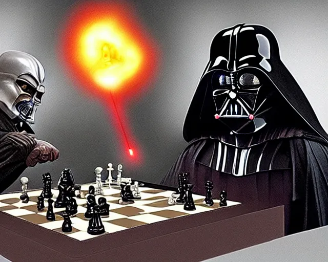 Prompt: darth vader playing chess with a witch lord voldemort