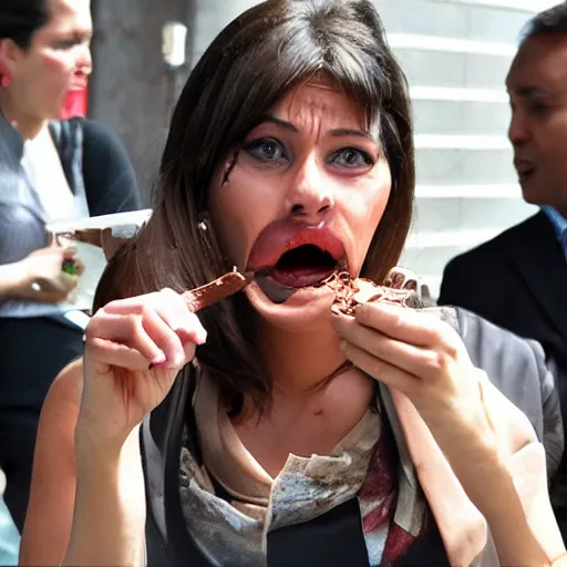 Prompt: candid photo of news female anchor face full of chocolate cream, mess, report on street