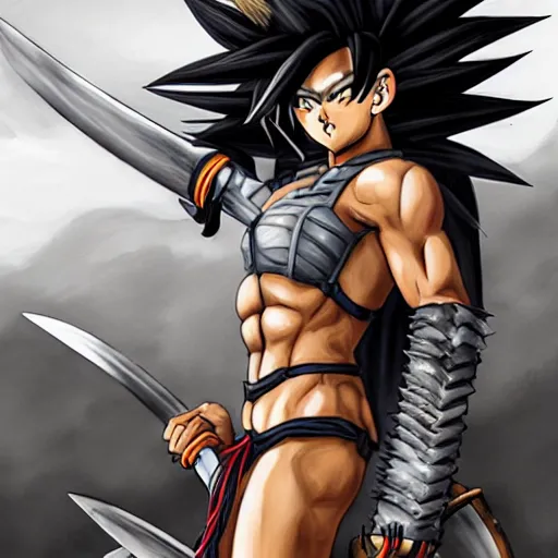 Prompt: realistic art style, warrior girl, muscular girl, wild spiky black saiyan hair, long spiky hair, electrified hair, holding scimitar made of bone, scimitar, sword, jagged sword, curved sword, orkish sword, colorized, gray skin, hyper - detailed, primeval fantasy, prehistoric fantasy, art by jacques - louis david