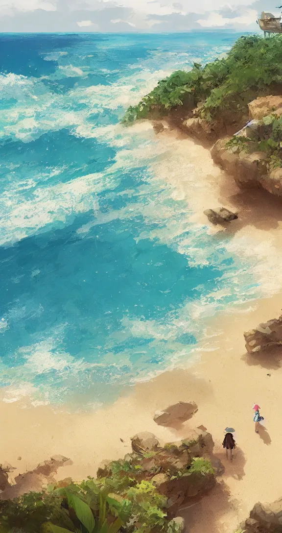 Prompt: A long and winding beach, tropical, bright, simple, by Studio Ghibli and Greg Rutkowski, artstation