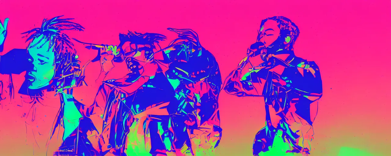 Image similar to rapping into microphone, silhouette, huge crowd, neon soaked, vaporwave, hip hop, digital art, trending on Artstation, professional artist, detailed, 4k