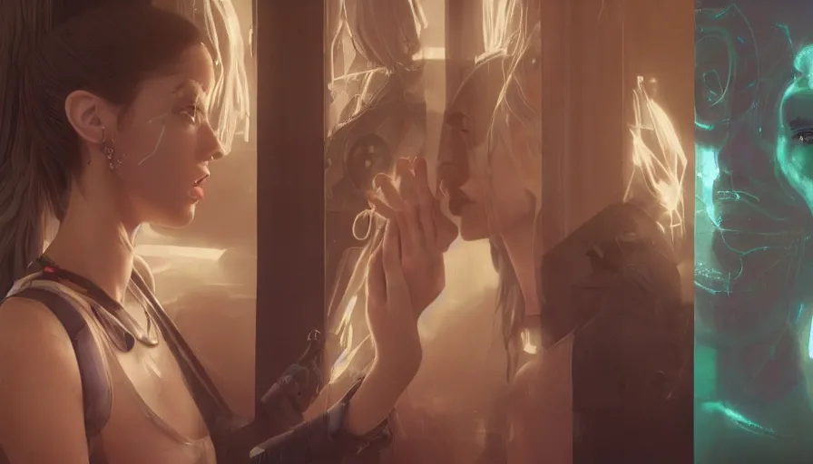 Prompt: intimacy, highly detailed surreal vfx portrait of a robot android, ana de armas, madison beer, stephen bliss, unreal engine, greg rutkowski, loish, rhads, beeple, makoto shinkai and lois van baarle, ilya kuvshinov, rossdraws, tom bagshaw, global illumination, detailed and intricate environment