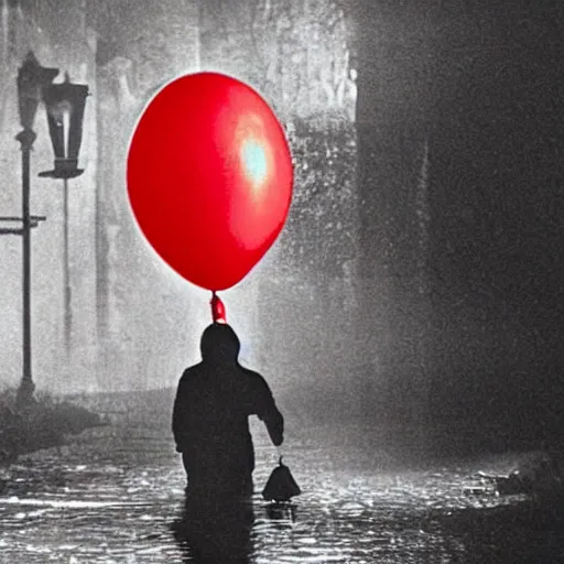 Prompt: down in the sewers of london, dark damp atmosphere, water dripping from the moss covered ceiling, a sinister dark figure is standing at the end of the sewer, a single red balloon with a string attached is floating above the water