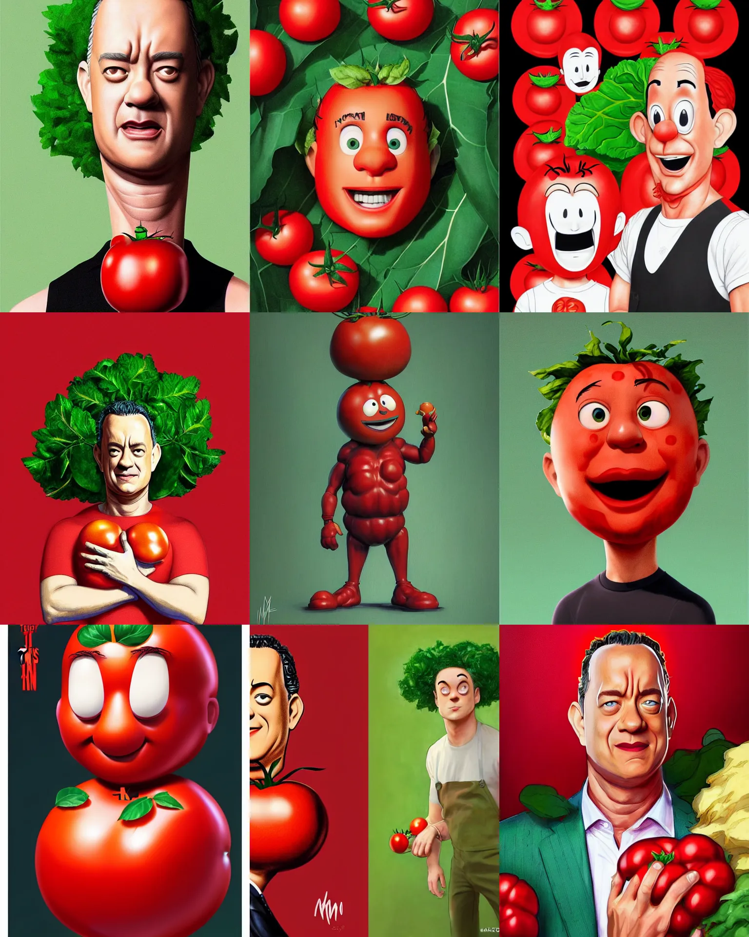 Prompt: tom hanks as tomato hanks mascot, his skin is red with leafy green hair, animation character, dramatic lighting, london fashion week, tom hanks tomato face, shaded lighting poster by magali villeneuve, artgerm, jeremy lipkin and michael garmash, rob rey and kentaro miura style, trending on art station