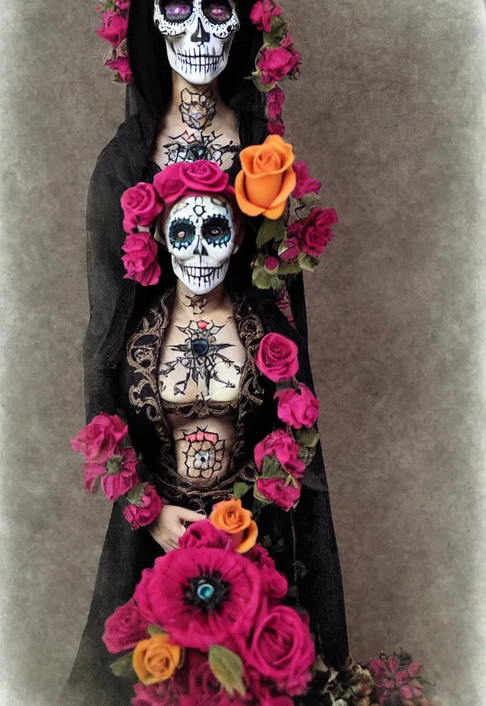 Image similar to tintype full body view, one womanvirgin mary, dia de muertos dress and make up, intricate, highly detailed,