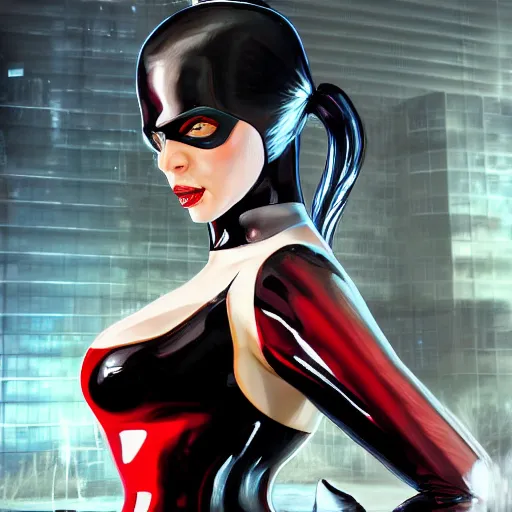 Image similar to a full bodied portrait of beautiful, mischievous, young woman in latex suit by sandra chevrier, detailed render, epic composition, cybernetics, 4 k realistic, cryengine, realistic shaded lighting, sharp focus, masterpiece, by matteo scalera, gary montalbano, peter elson in the style of the tokyo ghost comic, epic angles