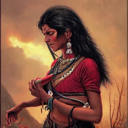 Image similar to a beautiful young indian cottagecore witch, highly detailed, masterpiece, illustrated, art by brom