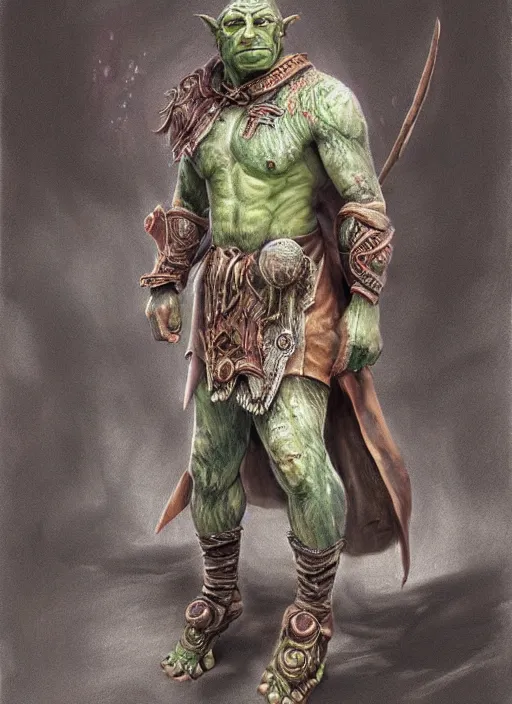 Prompt: detailed full body concept art pastel painting of an orc poet in intricately designed clothing, hyper realistic